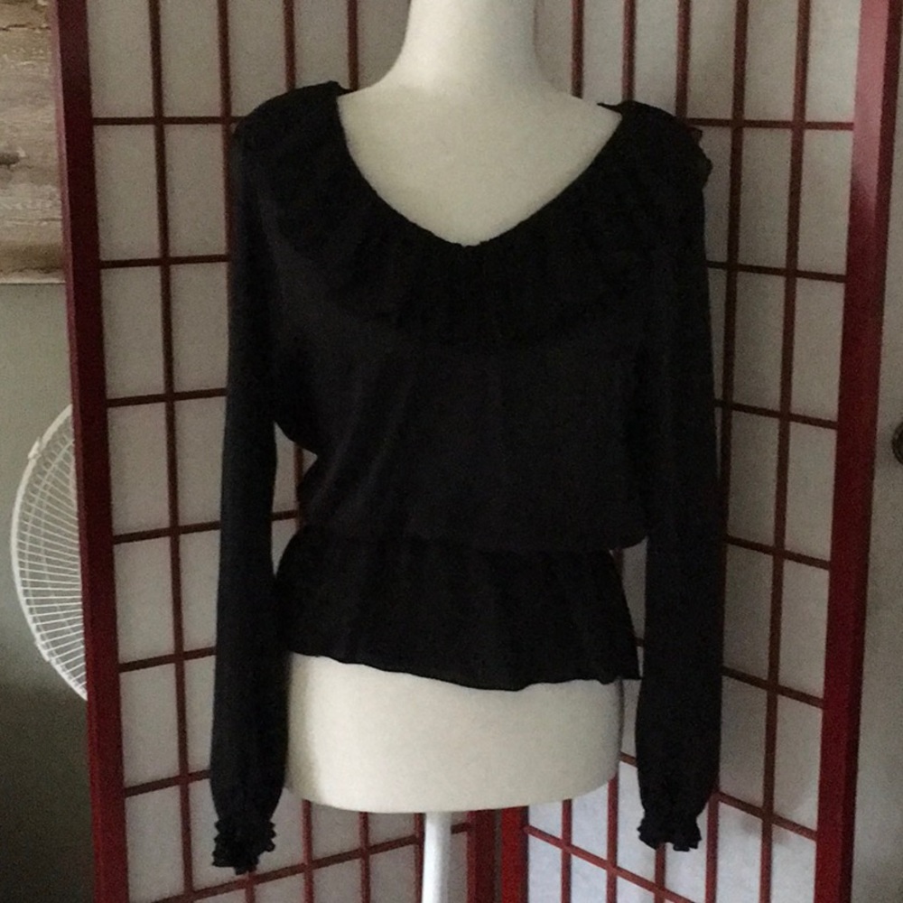 WHBM / Black blouse with ruffle collar